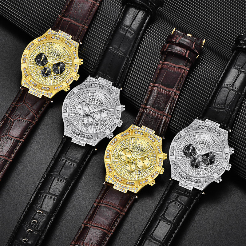 CURDDEN Brand Men's Leather Band Diamond Date Quartz Watches_voghion.com