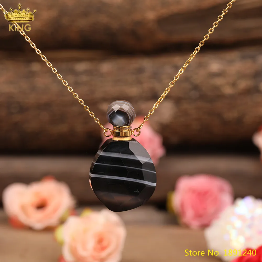 Collares colgantes con piedra de ágata negra natural facetada, botella de perfume para mujer, collar difusor de aceite esencial de ónix dorado_voghion.com