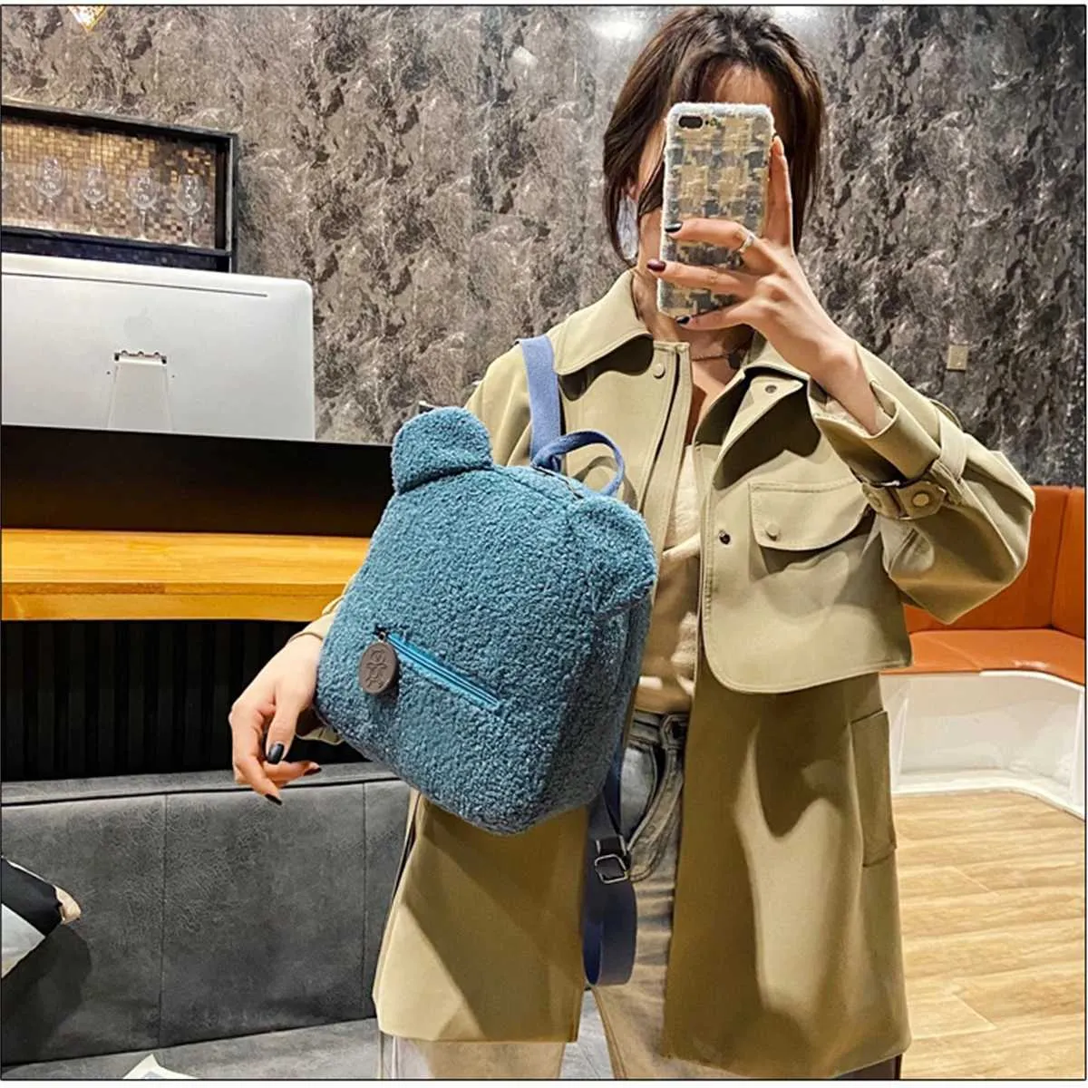 Plüsch Damentasche Herbst und Winter neue koreanische Version süßer kleiner Bär Ohr Rucksack Mädchen Eltern-Kind-Tasche-LJXC241217_voghion.com