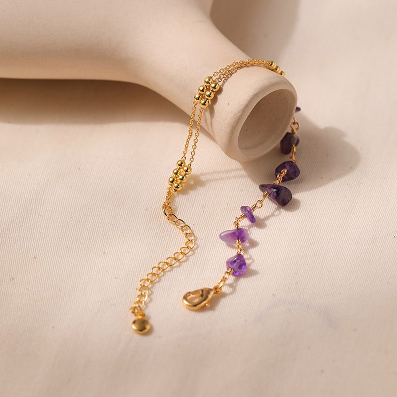 Purple Natural Crystal Gravel Splicing Design Luck Beads Ball Chain K Real Gold Plated Bracelet_voghion.com