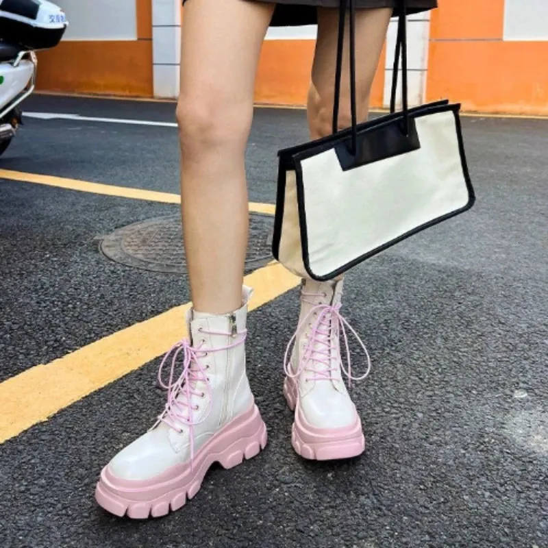 Bottines roses mignonnes pour femmes, bottines blanches de style punk, chaussures courtes kawaii pour femmes, combat, demi-saison, soldes, Pu_voghion.com