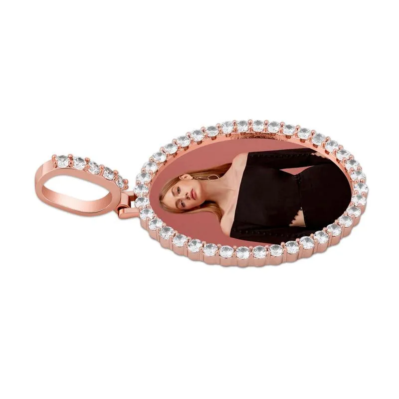 Rožu zelta pārklājuma apledojuma kubiskā cirkonija ovāla pasūtījuma foto piemiņas kaklarota personalizēta Bling dimanta DIY atmiņa_voghion.com