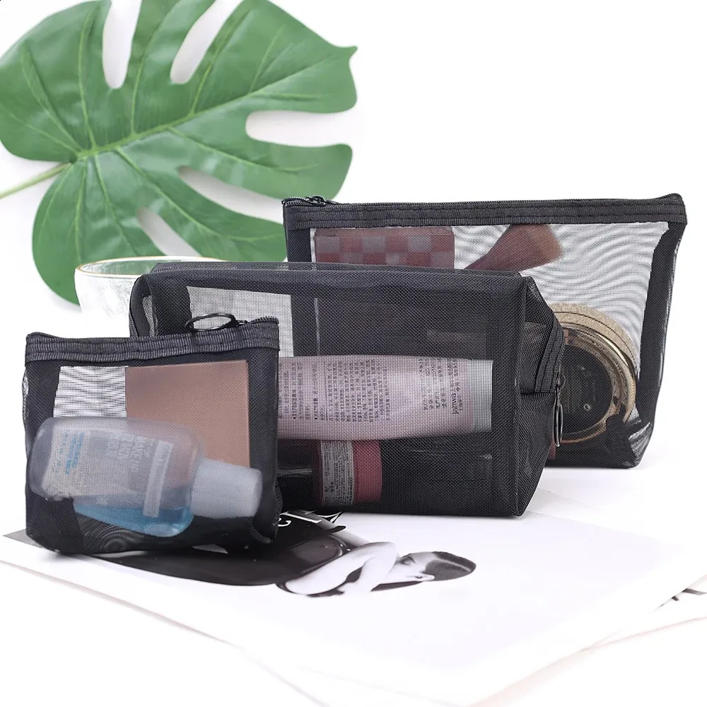 Sacs à cosmétiques transparents en maille 3 tailles, petit et grand sac de maquillage noir, organisateur de toilette de voyage Portable, rangement de rouge à lèvres_voghion.com