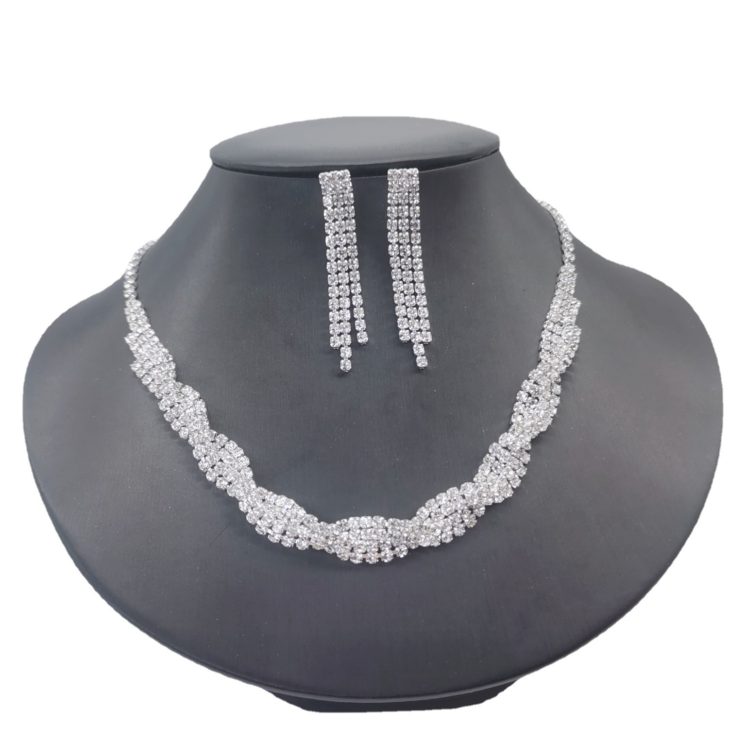 Jewelry Popular Wedding Dress Women's Jewelry Bridal Water Diamond Necklace Earrings Two Piece Set_voghion.com