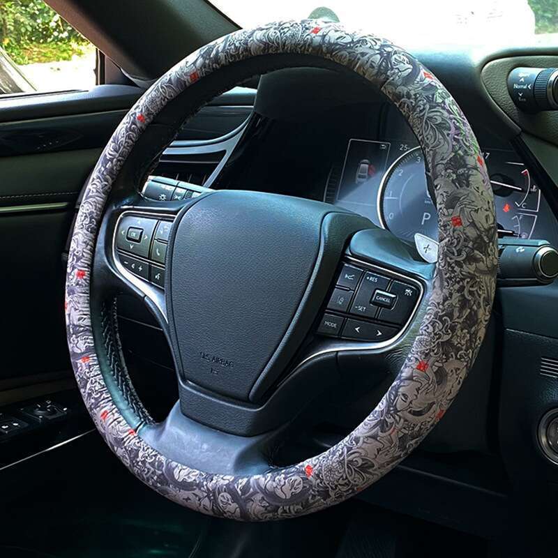 Husă universală pentru volan Prajna Geisha pictată manual, set personalizat de cărți de joc cu vulpe cu nouă cozi, ghidon cu braț floral_voghion.com