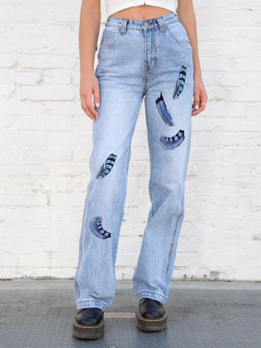 retro art feather jeans women's versatile_voghion.com