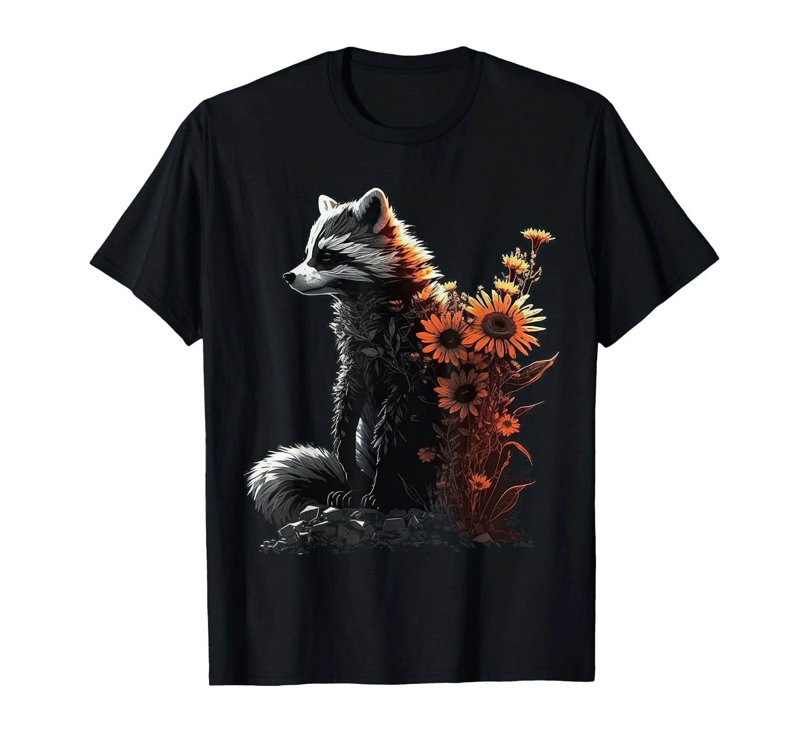 Raccoon Sunflower Animal Flower Art Raccoon T-Shirt Mens Womens Tees Top_voghion.com
