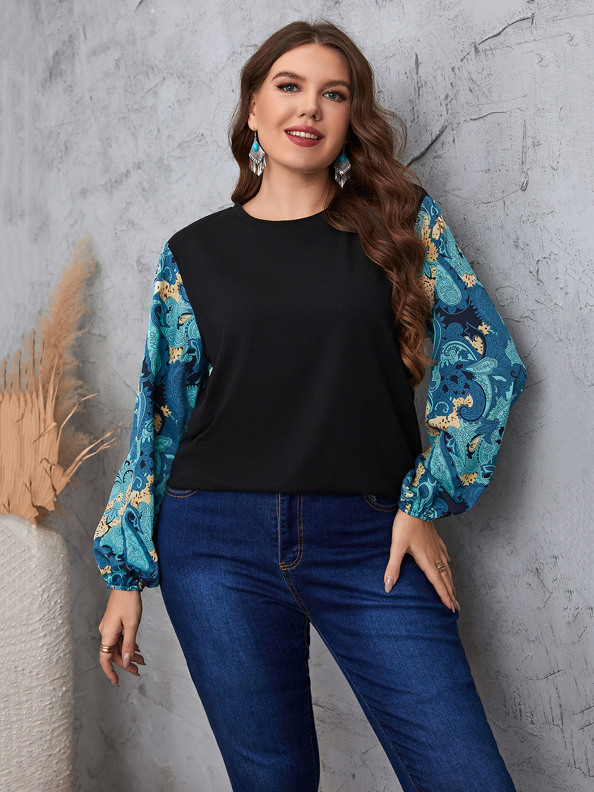 Women's temperament commuting color matching plant lantern sleeve round neck large size shirt_voghion.com