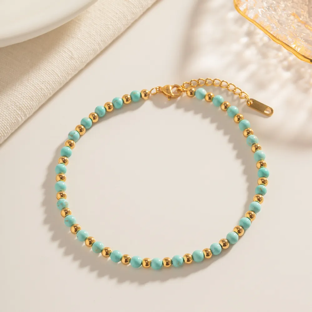 Anklets Minar Boho Blue Green Turquoise Natural Stone Strand Beaded Women Gold Plated Stainless Steel Non Tarnish_voghion.com