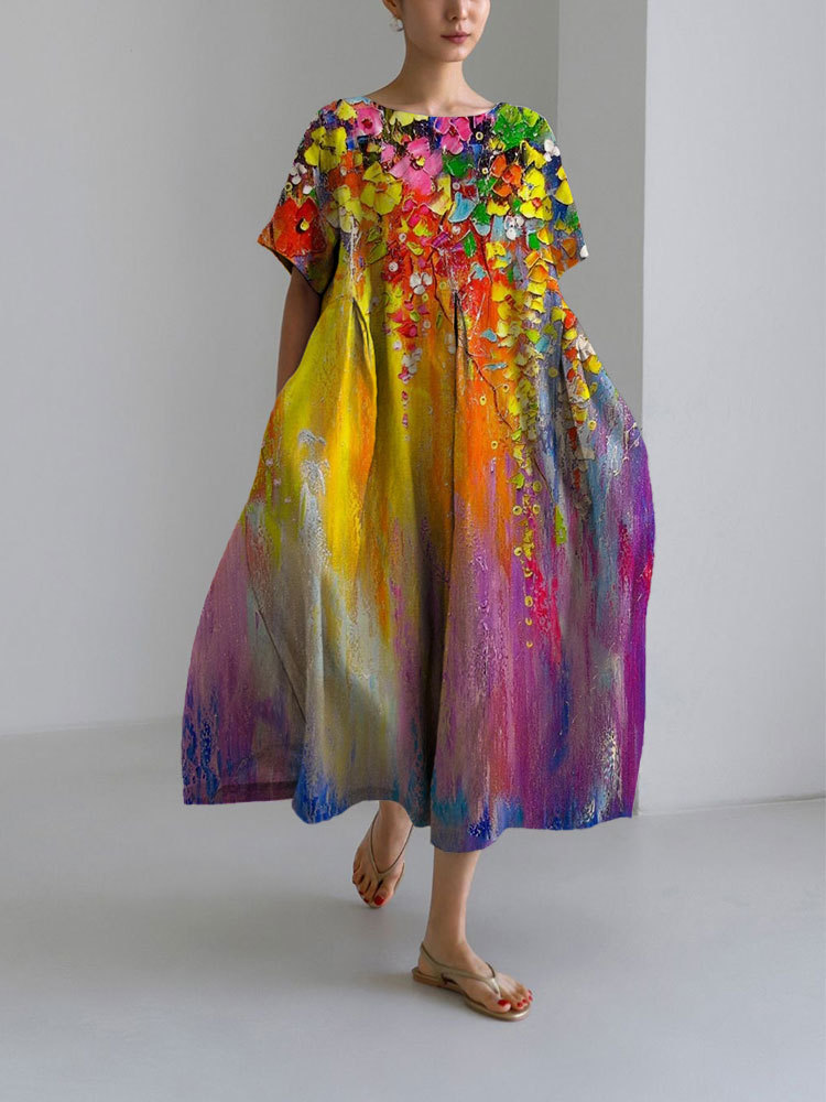 Women's clothing loose round neck fashion high-end short-sleeved printed dress_voghion.com
