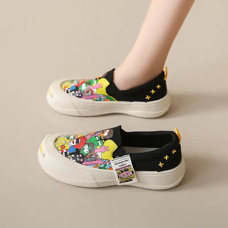 Thick Soled Shallow Mouthed Cartoon Printed Skateboard Shoes With Breathable And Comfortable Mesh Fabric For Casual Wear_voghion.com