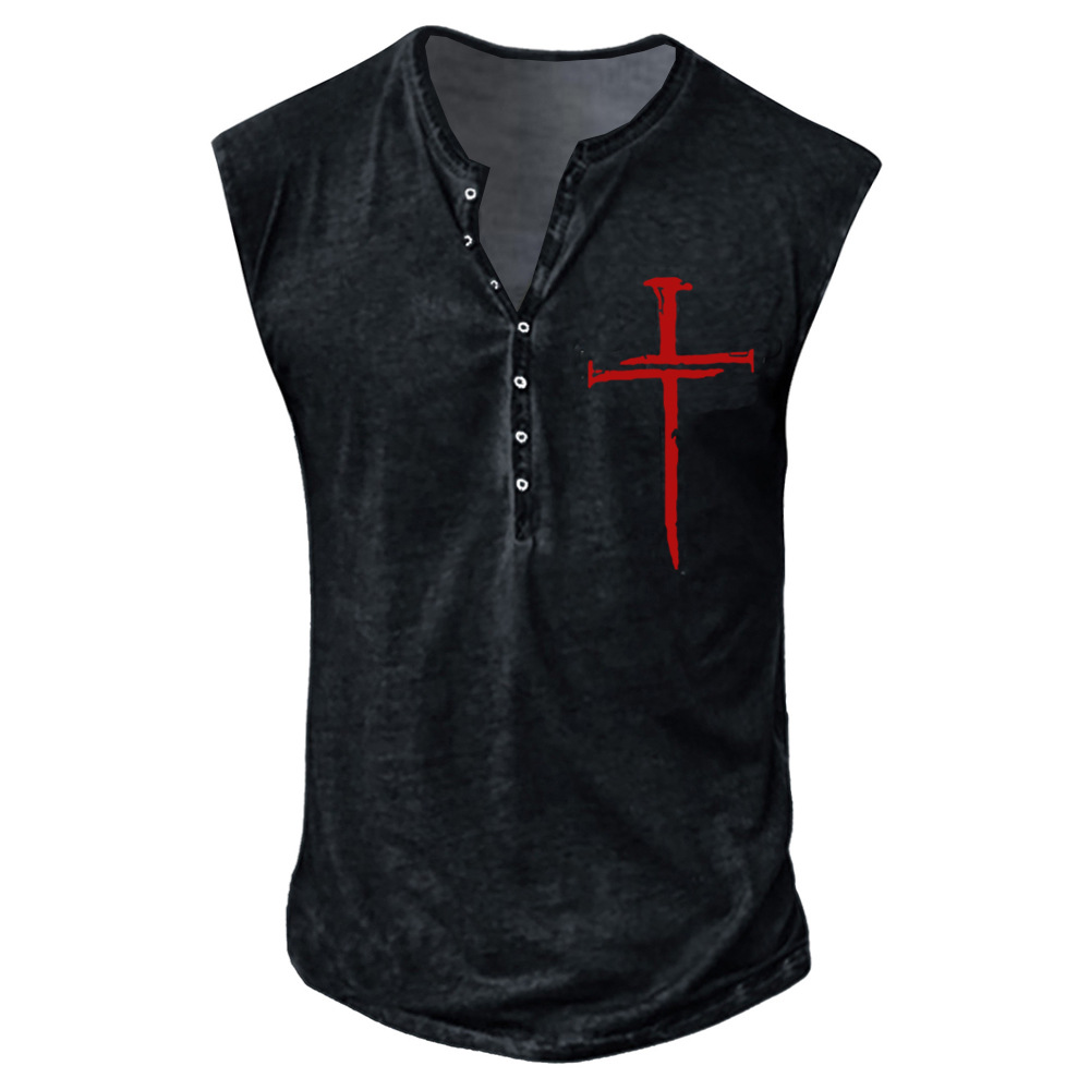 Youth Men's Cross Print Collarless Casual Tank Top Large Men's Vest_voghion.com