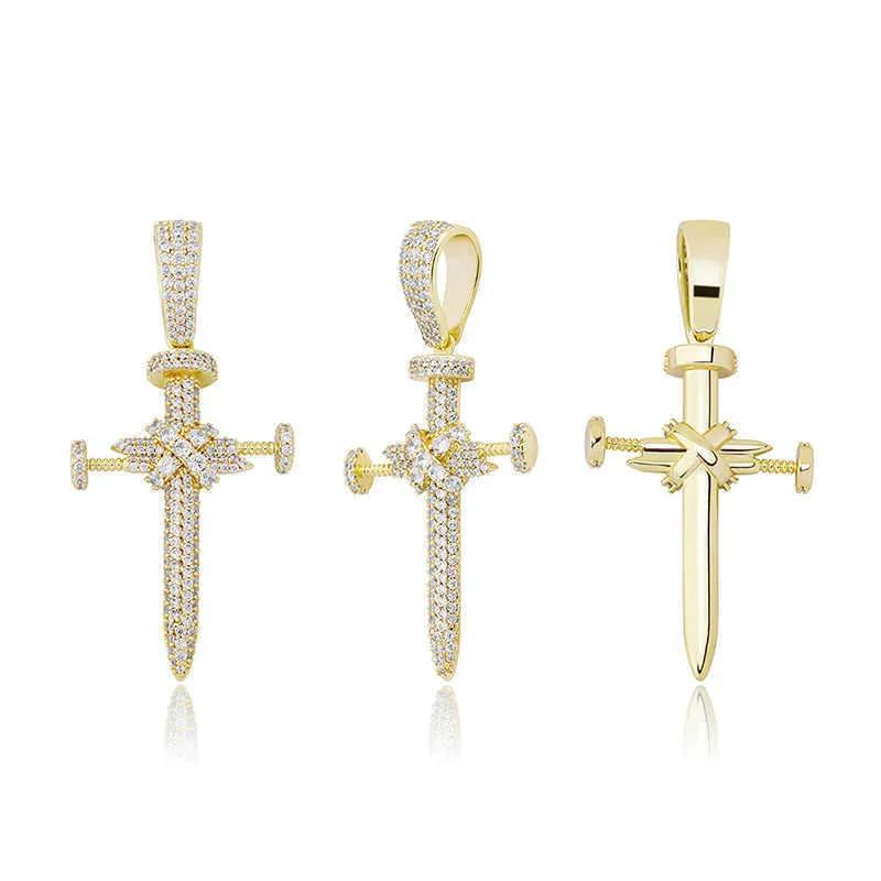 Unisex Ins Full Zircon Nail Cross Pendant Necklace Hip Hop Punk Jewelry Bling Real Yellow Gold Shiny Cz Stone Cubic_voghion.com