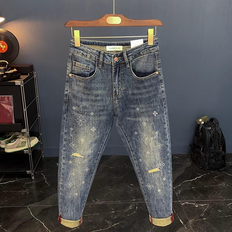 New Men’s Slim Fit Skinny Jeans Spring Summer High Stretch Blue Printed Ripped Cropped Denim