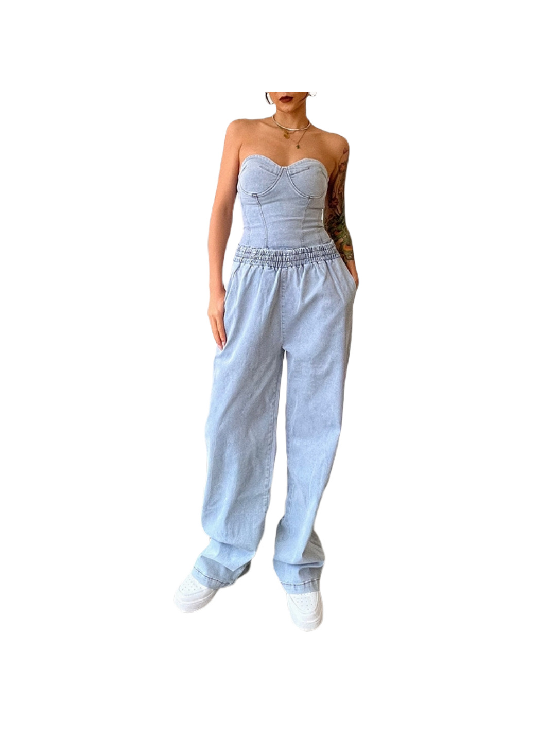 Abbigliamento da donna alla moda, senza maniche, casual, elasticizzato, in denim, due pezzi_voghion.com