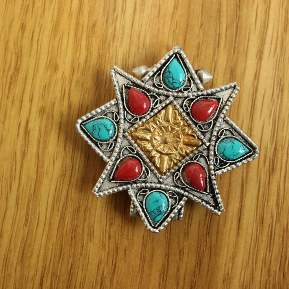 Collane con ciondolo PN009 Tibetano Argento Pietra colorata Anticato Stella Scatola di preghiera Collana Etnica Tibet Gau Amuleto Fatto a mano_voghion.com