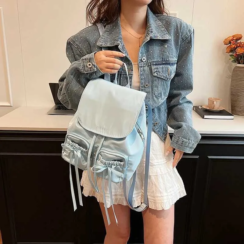 Bogen Design Frauen Kleine Nylon Rucksäcke 2024 Frühling Y2K Koreanische Mode Einfarbig Rucksack Dame Reise_voghion.com
