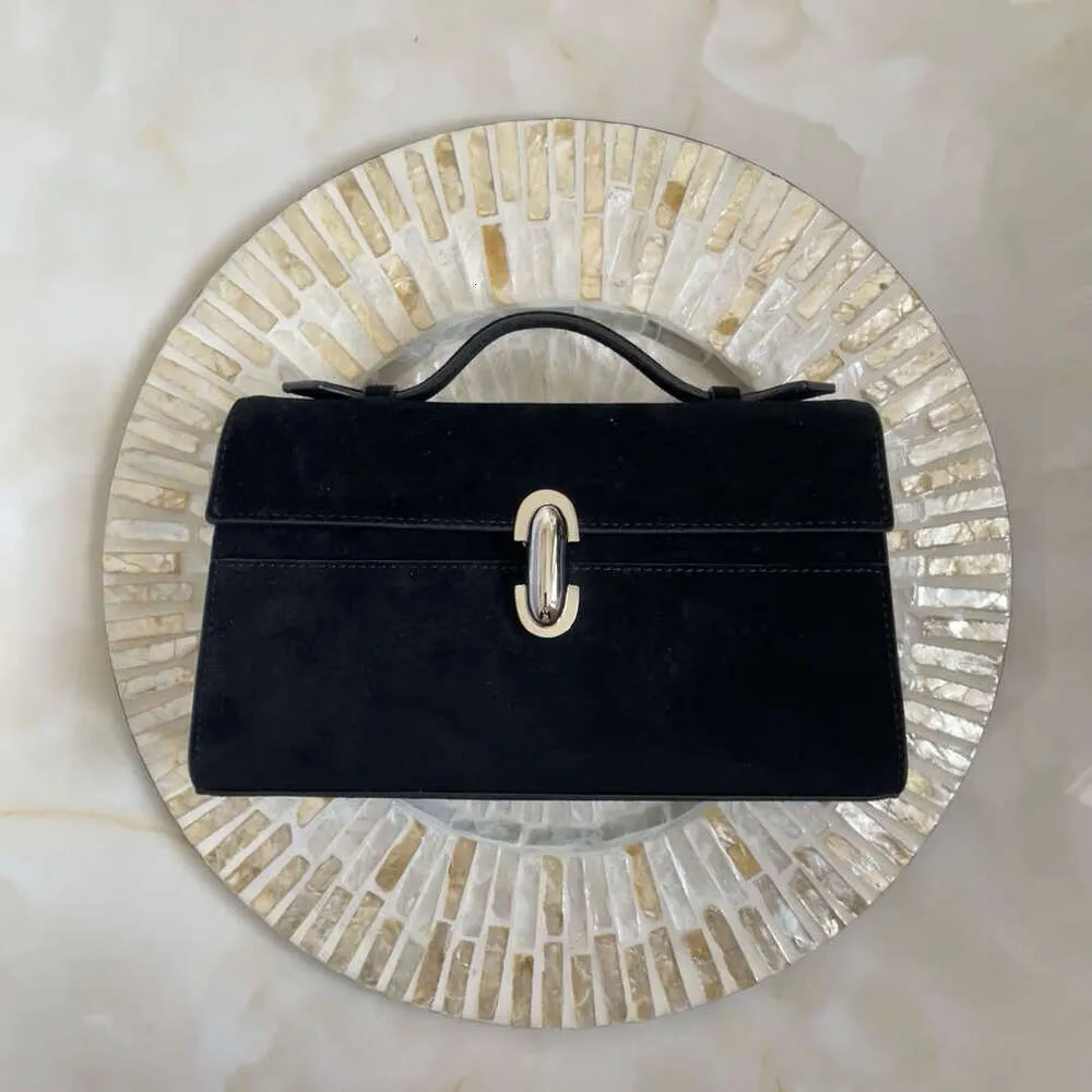 First-Layer Cowhide Vintage Handbag 25 Women Niche Design Black Suede Flip Clutch Genuine Leather Handheld Small Square_voghion.com