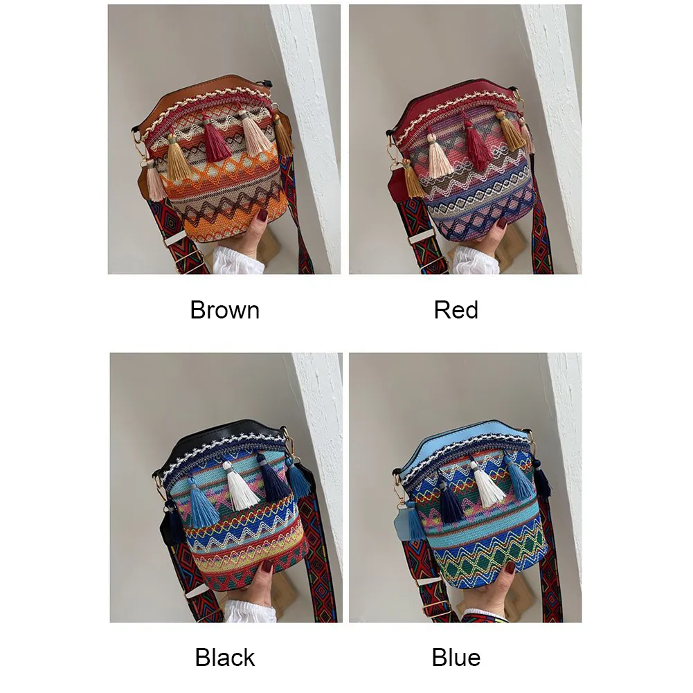 Borsa a tracolla vintage nazionale da donna, con nappa, etnica, intrecciata a mano, hippie, piccola borsa a tracolla_voghion.com