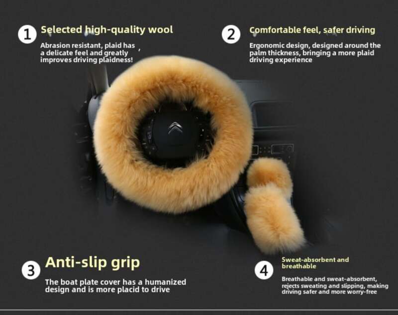 Car Steering Wheel Winter New Australian Sheepskin Fur Integrated Wool Handle Handbrake Cover_voghion.com