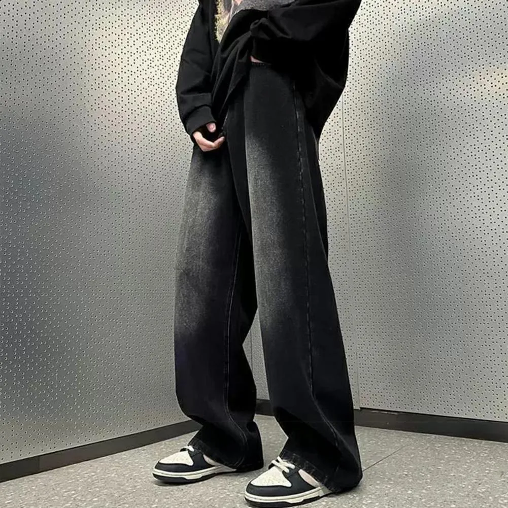 Men's Jeans Men Retro Washed Blue Hop Denim Trousers With Gradient Contrast Color Wide Leg Pockets High Street Style For_voghion.com