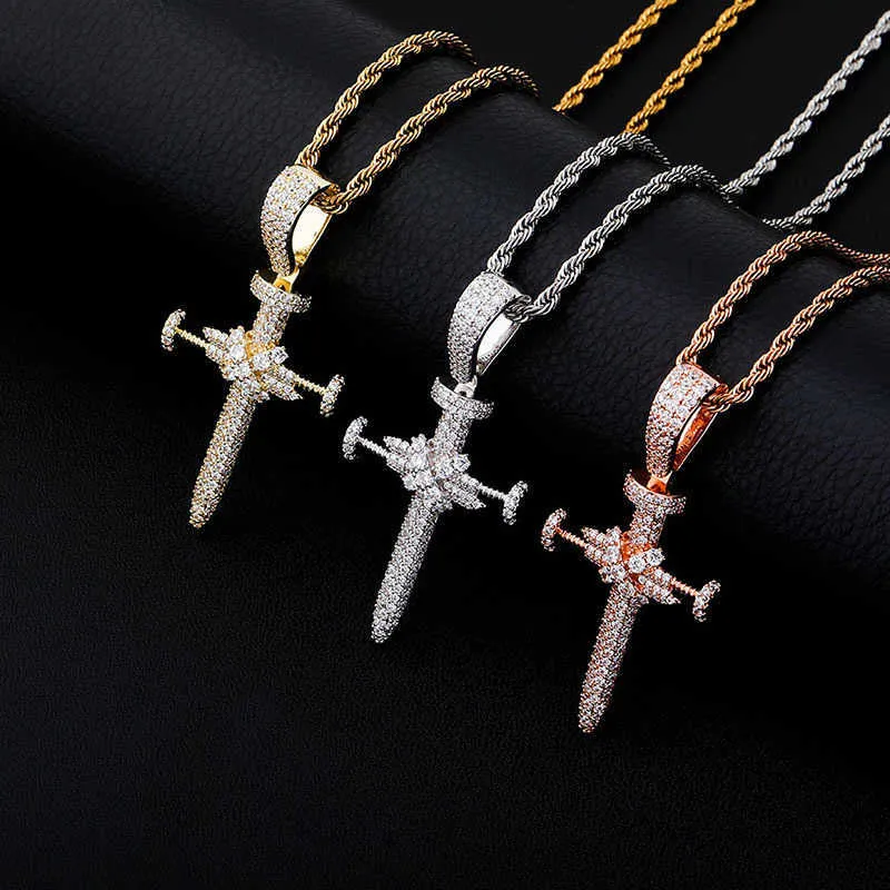 Unisex Ins Full Zircon Nail Cross Pendant Necklace Hip Hop Punk Jewelry Bling Real Yellow Gold Shiny Cz Stone Cubic_voghion.com