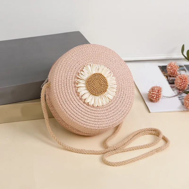 Borsa a tracolla da spiaggia intrecciata in paglia con fiori rotondi per donna, borsa a tracolla in rattan lavorata a mano e lavorata a maglia, colore caramella_voghion.com