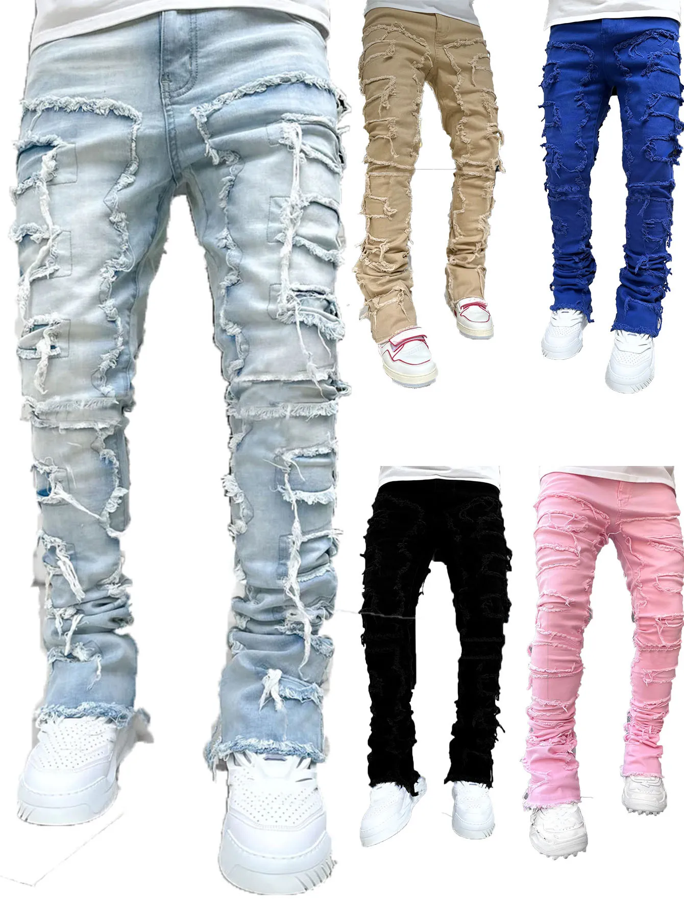 Herren Jeans Regular Fit Stacked Patch Distressed Destroyed Straight Denim Hose Streetwear Kleidung Casual Jean_voghion.com