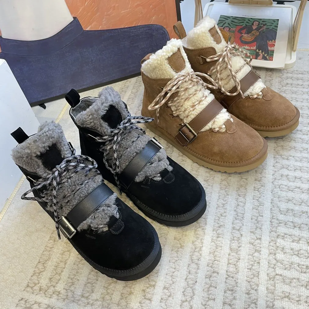 Yeni Yün Bağcıklı Kürk Kar Kadın Tasarımcı Tazz Süet Yuvarlak Burun Kalın Topuklu Çizmeler Kış Rahat Sıcak Kalınlaştırmak_voghion.com