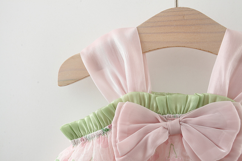 New Girls' Summer Dress Halter Pompadour Skirt Bow Cherry Cherry Lady Style Princess Dress Birthday Party Sleeveless Dress (Girls 0-3 Years Old)_voghion.com