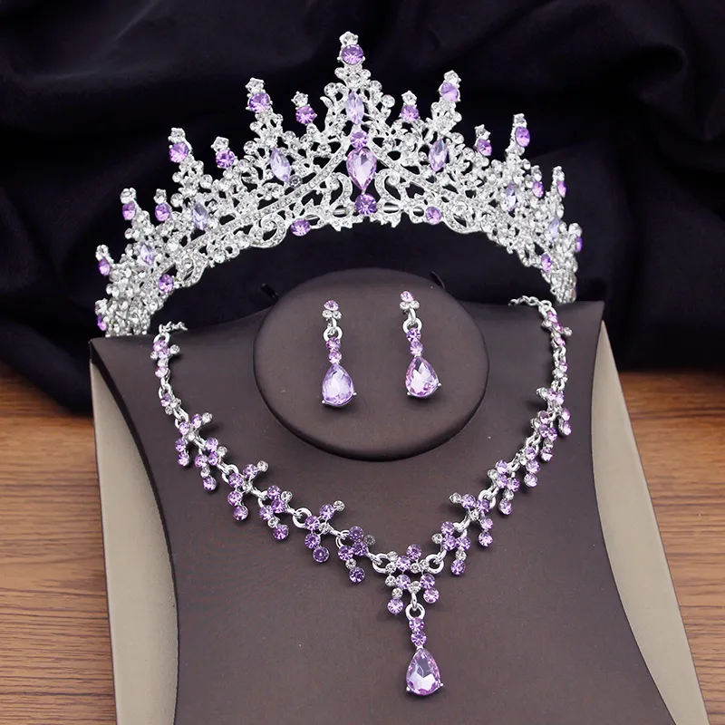 Gorgeous Purple Crystal Bridal Sets For Women Sier Colors Tiaras Earrings Necklaces Wedding Crown Jewelry Set Fashion_voghion.com
