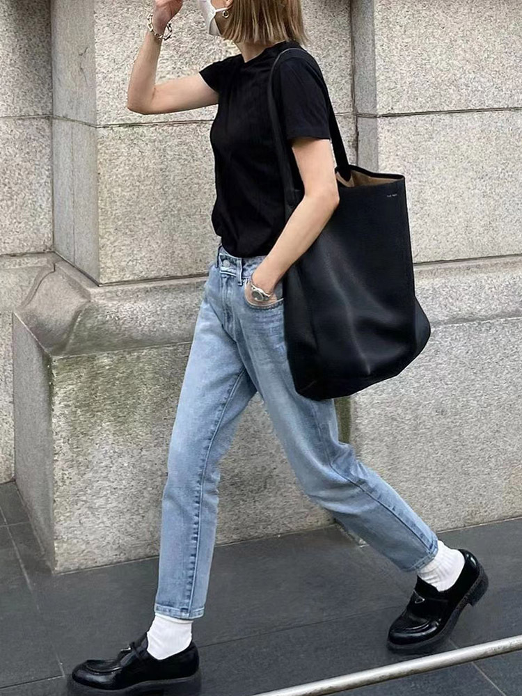 The Row Einkaufstasche aus echtem Leder mit großem Fassungsvermögen für den Weg zur Arbeit, Schultertasche aus Rindsleder mit Litschi-Granaten, vielseitige Eimertasche_voghion.com