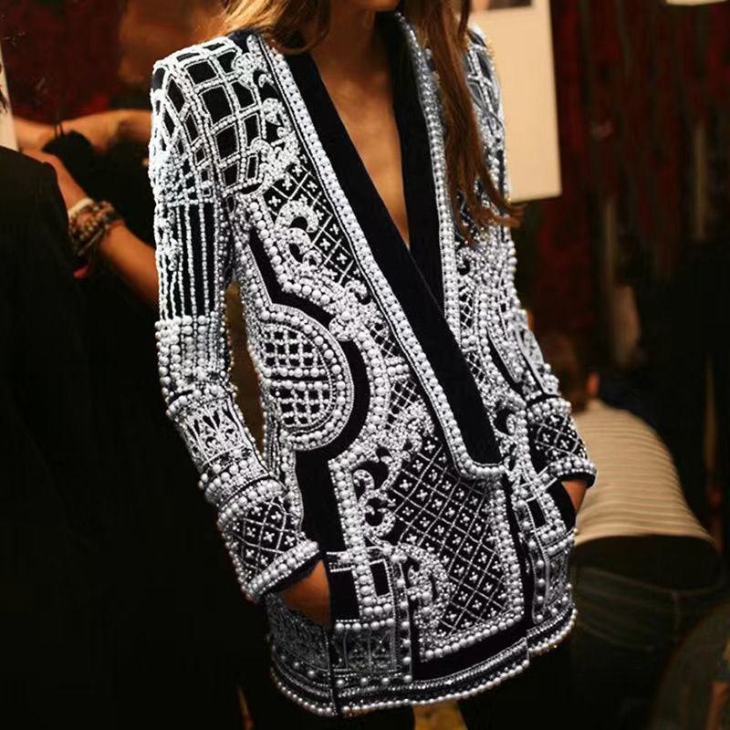 Damen Langarm Anzug Top Bubble Bead Printed Damen Jacke_voghion.com
