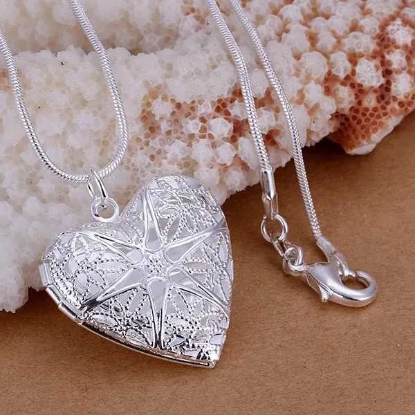 Pendant Necklace Locket Necklace Silver Color Photo Frame Chain_voghion.com