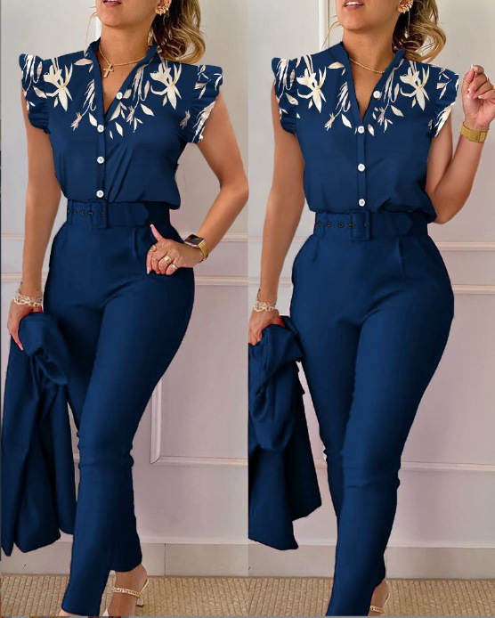 Women's Fashion Casual Lotus Leaf Sleeve Vest Two-piece Suit Women's Clothing_voghion.com