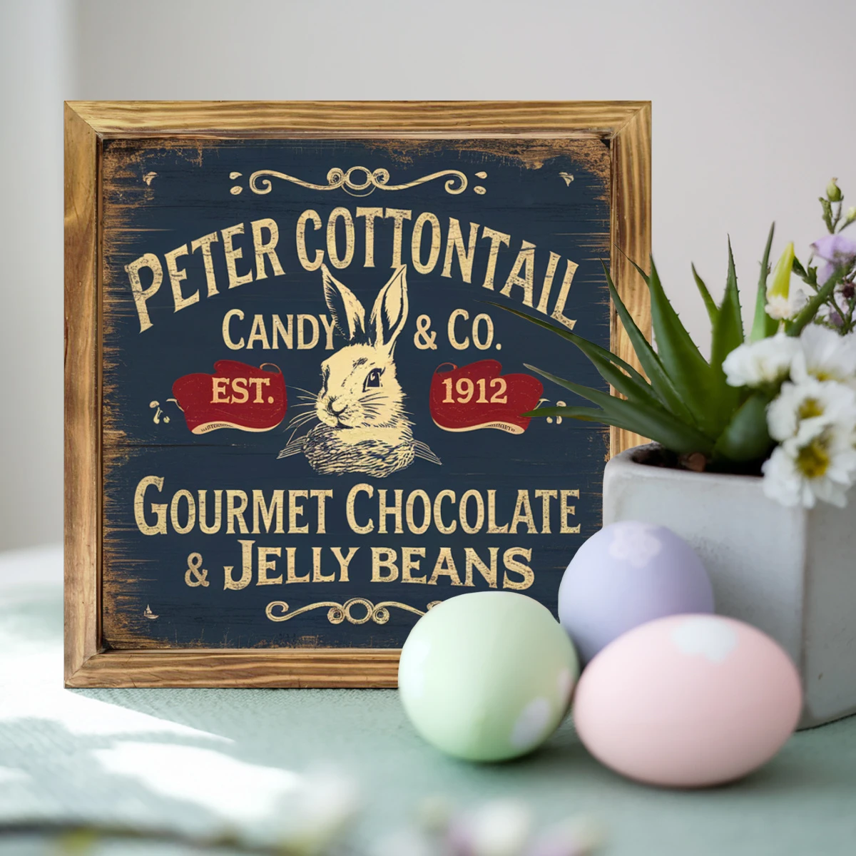 Vintage 'Peter Cottontail Candy Co.' Wooden Sign - 8x8" Farmhouse Wall Art. Perfect For Kitchen, Office Or As A Housewarming Gift._voghion.com
