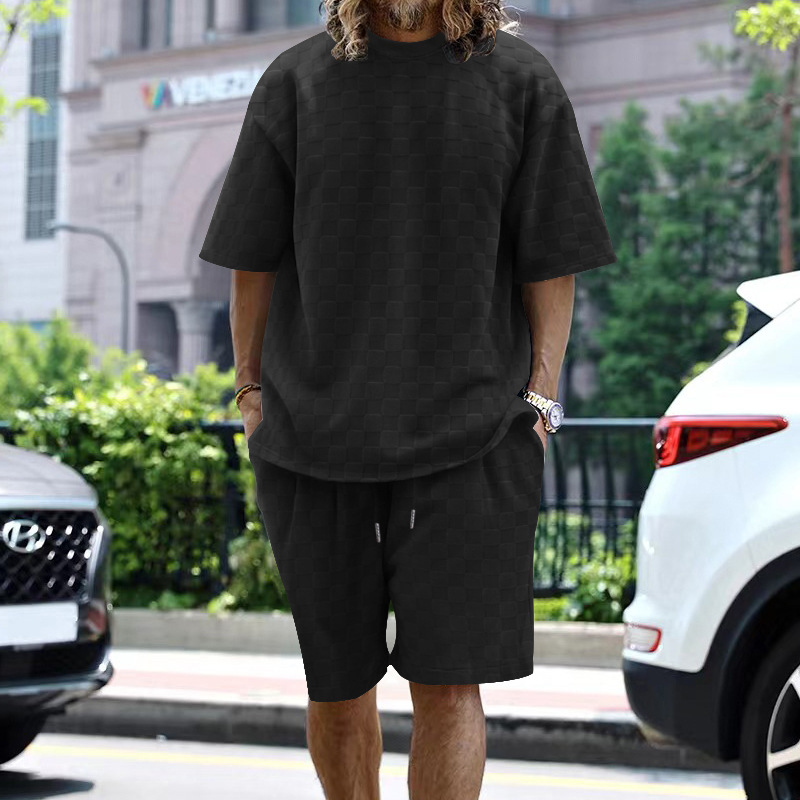 Trendy Men's Jacquard Checkerboard Pattern Spring Summer Loose Sports And Leisure Two-piece Set For Men_voghion.com