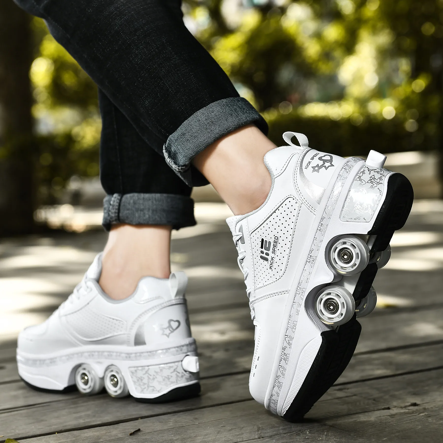 Deform Wheel Dubbele Rij Sneakers 4 Wielen Ademende Skates Schoenen Wandelen Onzichtbare Katrol Deformatie Roller_voghion.com