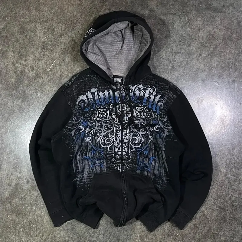 Woman Hoodie Y2K Cyber Grunge Emo Zip Up Sweatshirts Vintage Graphics Print Kpop Aesthetic Gothic Clothes for Women_voghion.com