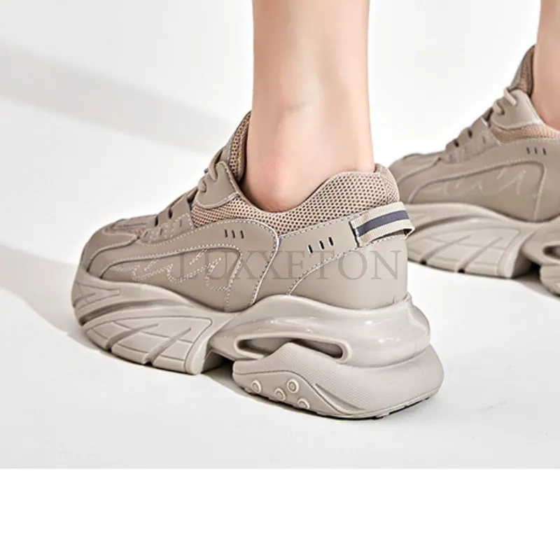 Thick Soled Leather Mesh Breathable Sponge Cake Sole Dad Comfortable Versatile Retro Fashion Casual Lace Up Sports Shoes_voghion.com