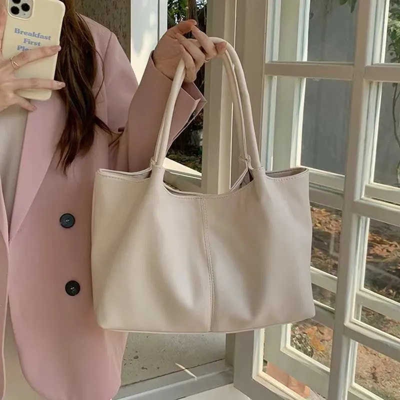 Simple White Shoulder 2024 Womens PU Leather Soft Underarm School Large Capacity Bag Full Student Shopping Handba241031_voghion.com