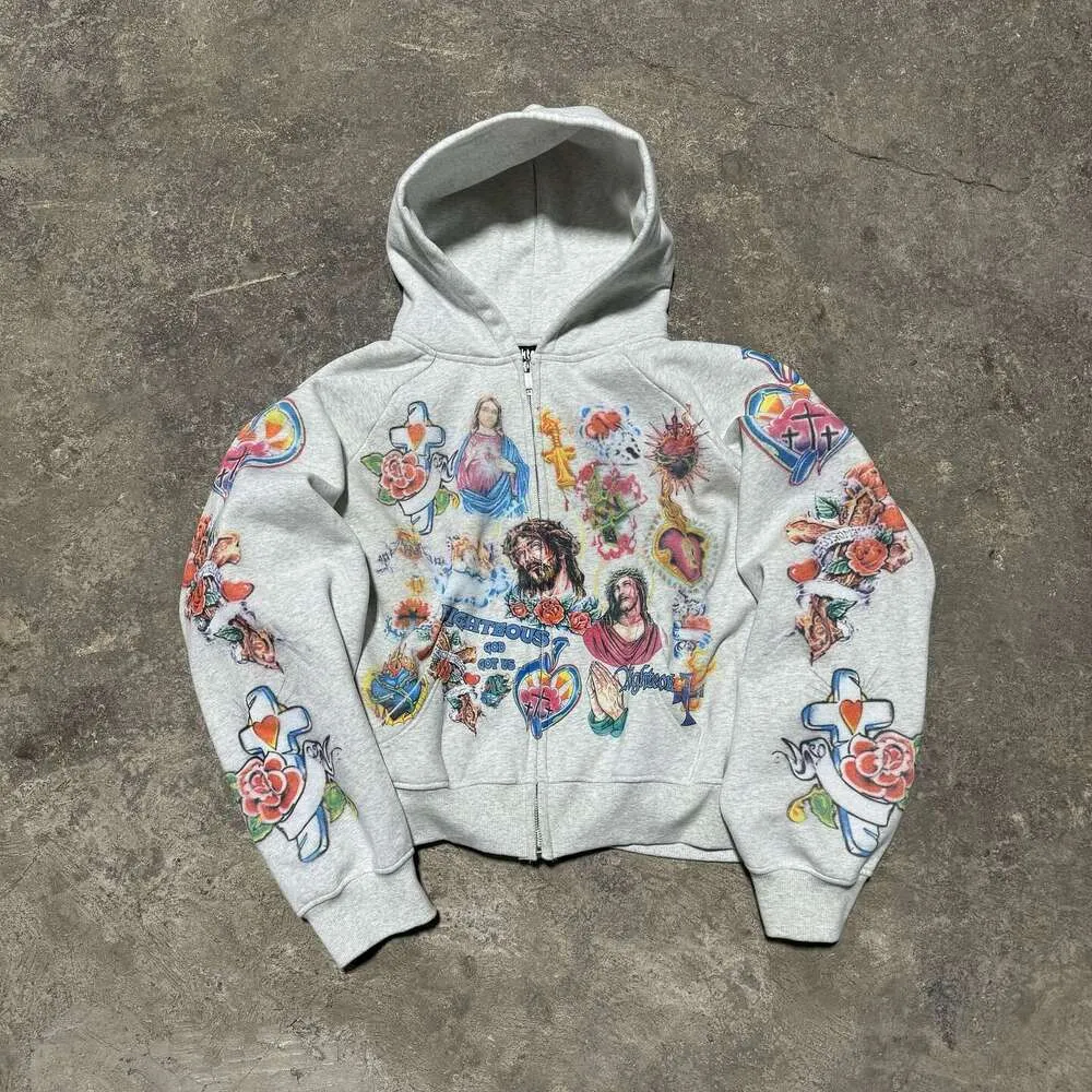 Felpa con cappuccio Y2k Retro Black Risen King Cropped Zip Up di alta qualità con cappuccio lavato con grafica gotica per uomo e donna_voghion.com