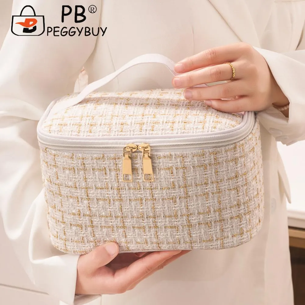 Women Travel Makeup With Handle/Zipper Plaid Cosmetic Storage Foldable Large Capacity Toiletry Bag Waterproof_voghion.com