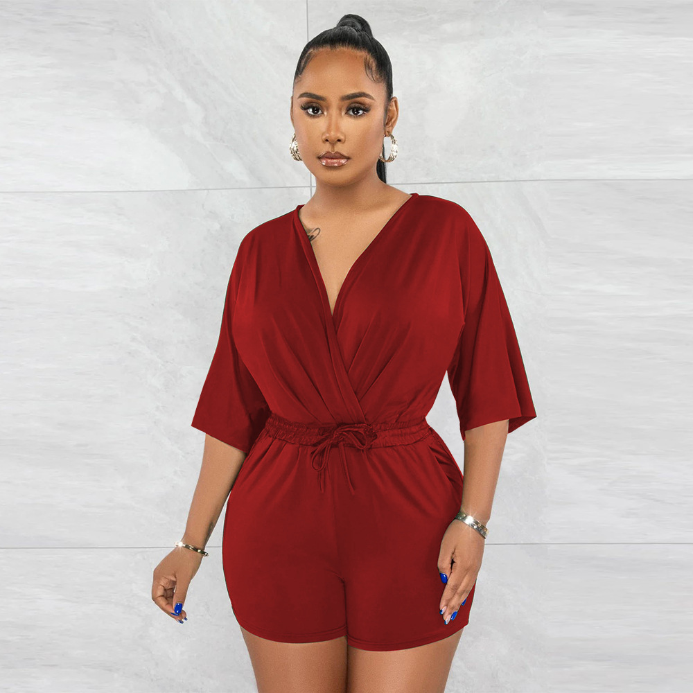 Women's V-neck Jumpsuit Solid Colour Waist Casual Short Romper_voghion.com