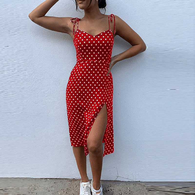 Women's Black And White Polka Dot Slit Dress With Elastic Strap_voghion.com