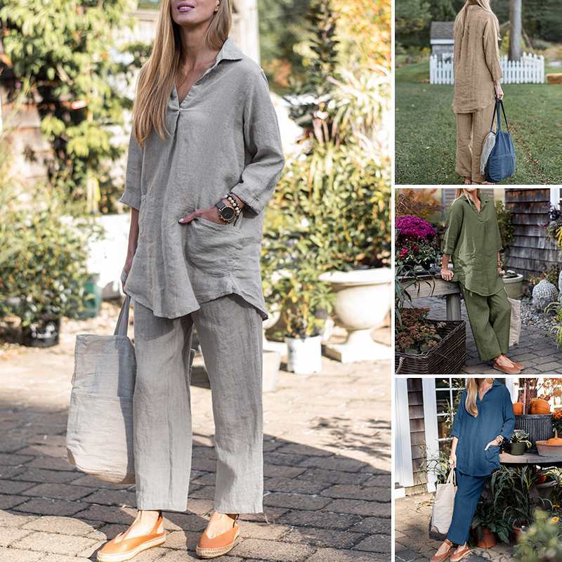 Women's shirt wide-leg pants solid color elegant casual retro suit_voghion.com