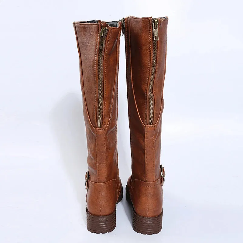 Retro Brown Knee High Large-sized Low Platform Long Autumn Pu Leather Zipper Womens Warm Boots 240911_voghion.com