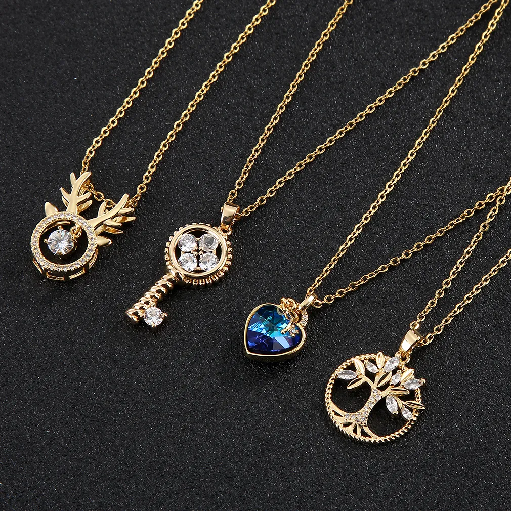 Collares colgantes de moda con forma de corazón azul brillante del océano para mujeres y niñas, color dorado, circonita cúbica, árbol de diamantes de imitación_voghion.com