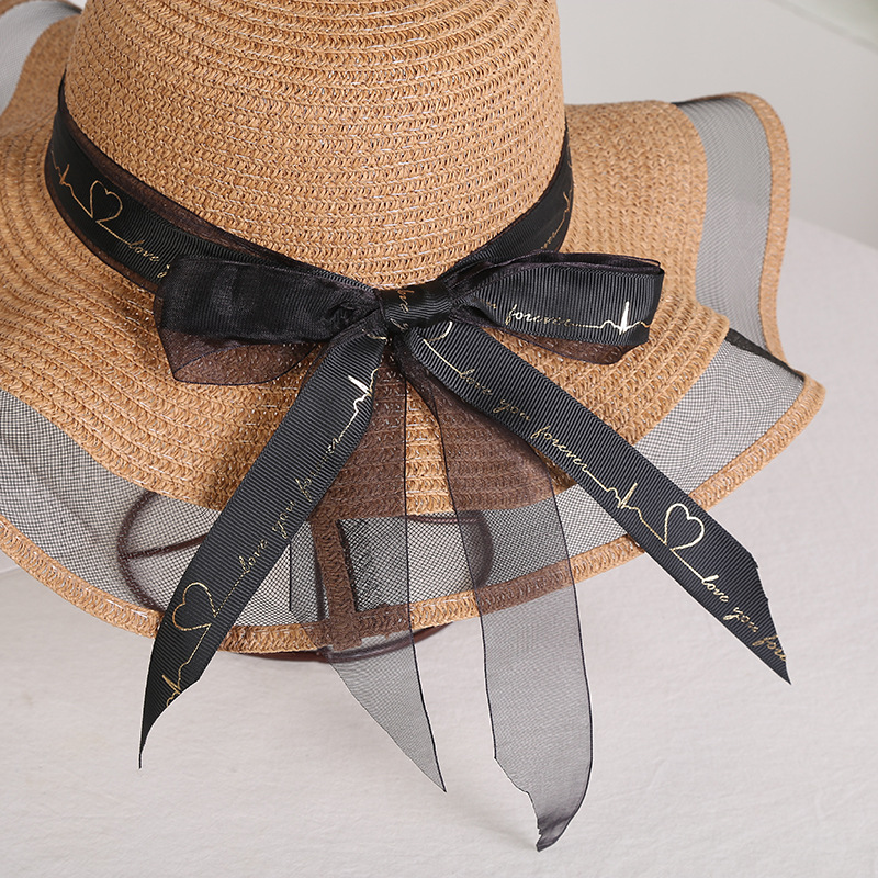 Hats for women, summer mesh straw large brimmed foldable sunshade hats, bow beach hats_voghion.com