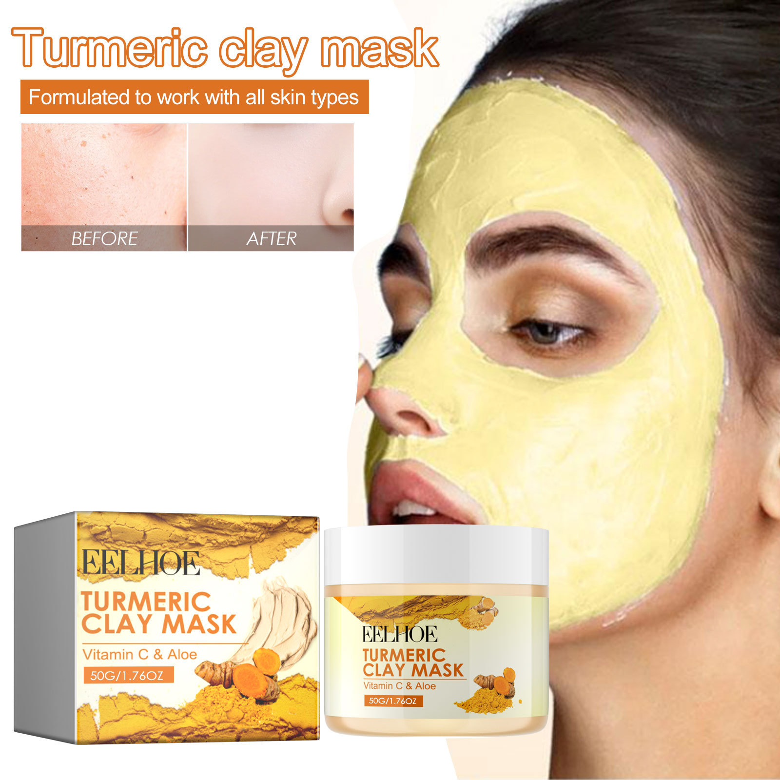 EELHOE  Deep Cleaning, Delicate Pore Skin Moisturizing, Turmeric Vitamin C Brightening Clay Mask_voghion.com